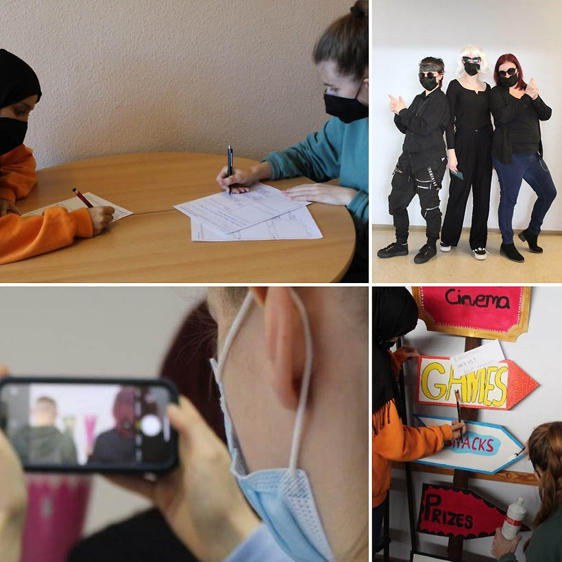 Zu sehen ist eine Collage aus drei Fotos, welche Schritte der Vorbereitung zeigen: Schreiben, Filmen und Fotografieren